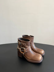 MIUMIU 26S ANKLE BOOTS IN BROWN CALFSKIN SILVER HARDWARE