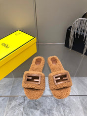 FENDI BAGUETTE SLIDE SLIPPERS IN CINNAMON BROWN WOOL