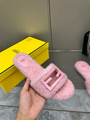 FENDI BAGUETTE SLIDE SLIPPERS IN LIGHT PINK WOOL