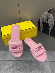 FENDI BAGUETTE SLIDE SLIPPERS IN LIGHT PINK WOOL