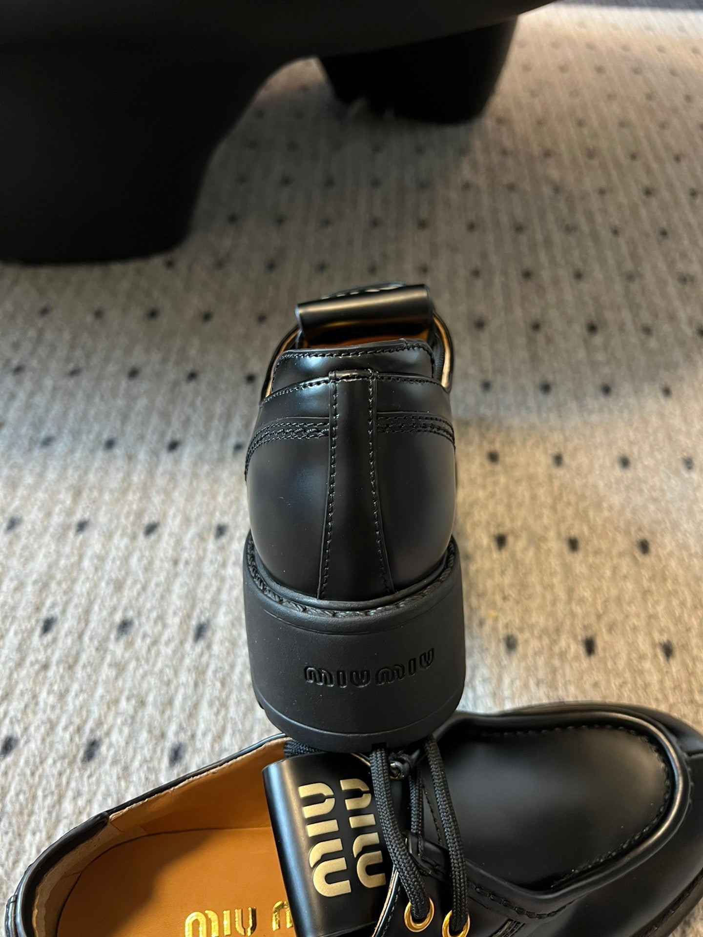 MIUMIU 26S LACED FUME SHOES IN BLACK GLOSSY CALFSKIN