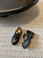 MIUMIU 26S LACED FUME SHOES IN BLACK GLOSSY CALFSKIN