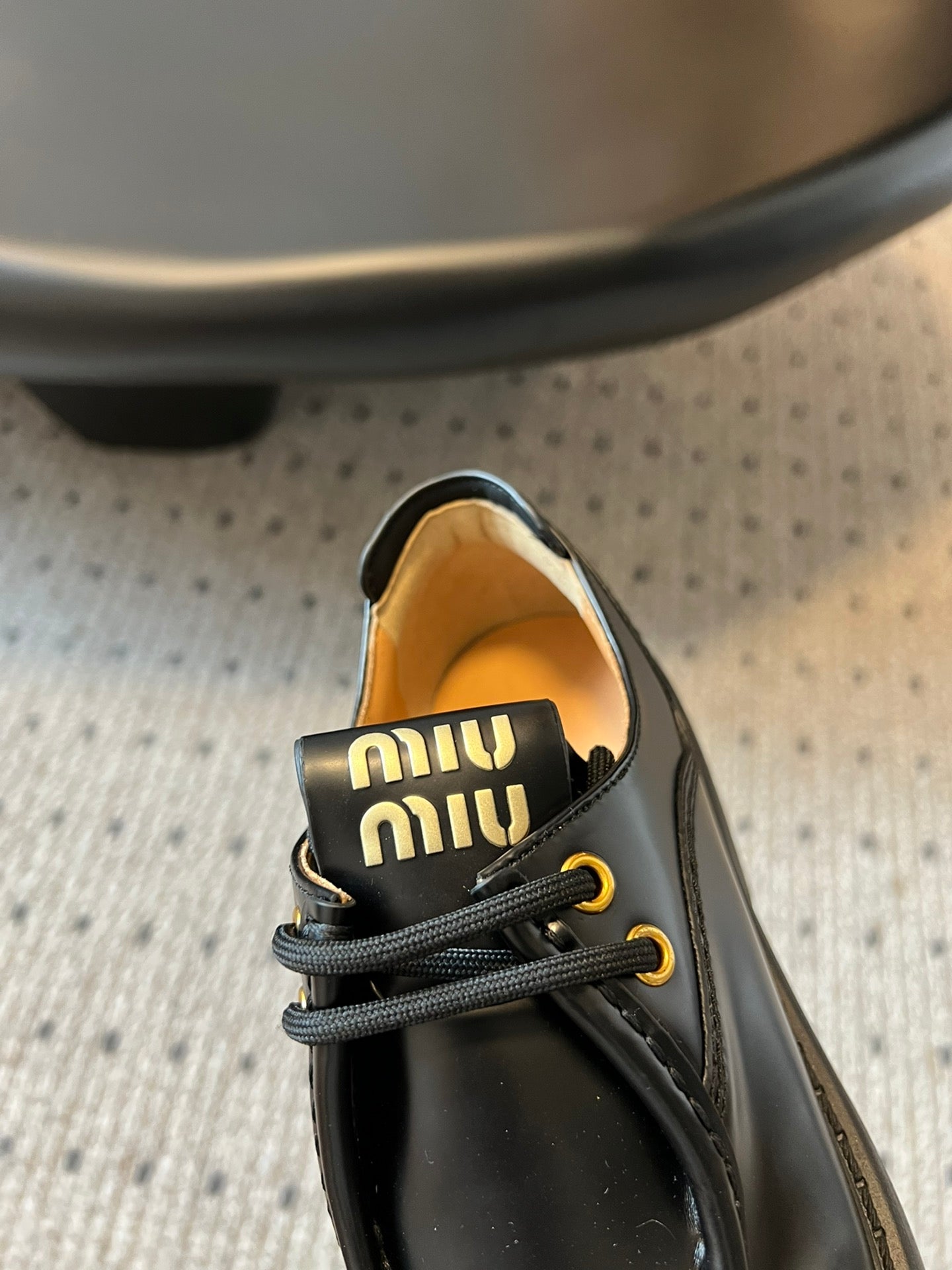 MIUMIU 26S LACED FUME SHOES IN BLACK GLOSSY CALFSKIN