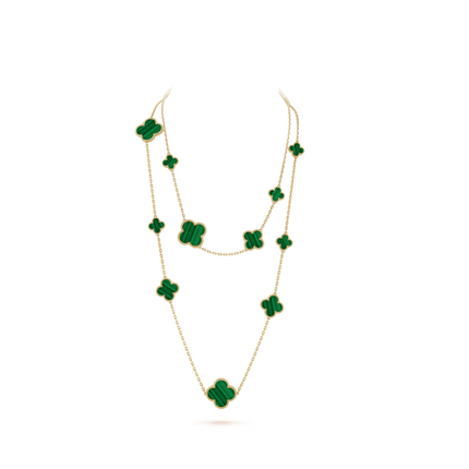 CLOVER 16 MOTIF MALACHITE PINK GOLD NECKLACE