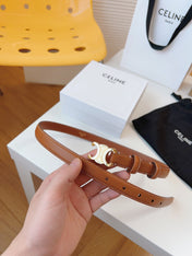 CELINE 25S TRIOMPHE BELT 18MM IN DARK CARAMEL CALFSKIN GOLD HARDWARE 580706
