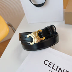 CELINE 25S TRIOMPHE BELT 25MM IN BLACK CALFSKIN GOLD HARDWARE 580705