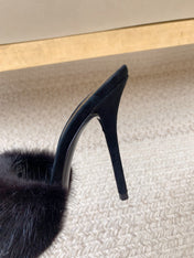 LA 16 HEELED MULES IN BLACK RABBIT FUR AND SMOOTH LAMBSKIN