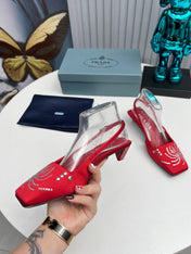PRADA 26S SLINGBACK PUMPS 40MM IN DARK RED SATIN CRYSTAL EMBELLISHED