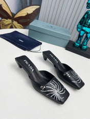 PRADA 26S MULE 40MM IN BLACK CALFSKIN CRYSTAL EMBELLISHED