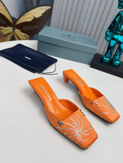 PRADA 26S MULE 40MM IN ORANGE SATIN CRYSTAL EMBELLISHED