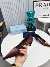 PRADA 26S POINTED TOE PUMPS 40MM IN DARK BROWN SATIN CRYSTAL EMBELLISHED