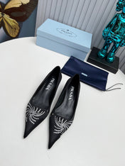 PRADA 26S POINTED TOE PUMPS 40MM IN BLACK SATIN CRYSTAL EMBELLISHED