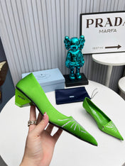 PRADA 26S POINTED TOE PUMPS 40MM IN APPLE GREEN SATIN CRYSTAL EMBELLISHED