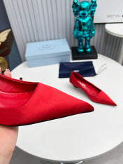 PRADA 26S POINTED TOE PUMPS 40MM IN RED SATIN