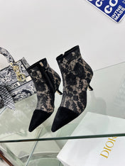 DIOR 25S POINTED-TOE ANKLE BOOTS 50 MM IN BLACK MESH TULLE AND SUEDE