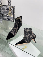 DIOR 25S POINTED-TOE ANKLE BOOTS 50 MM IN BLACK MESH TULLE AND SUEDE