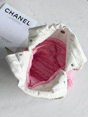 CHANEL 22 BAG 25S 37 CM IN PASTEL PINK MIX WHITE LAMBSKIN WITH WHITE HARDWARE