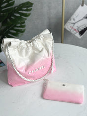CHANEL 22 BAG 25S 37 CM IN PASTEL PINK MIX WHITE LAMBSKIN WITH WHITE HARDWARE