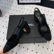 Double CC Rhinestone Slingback Sheepskin Black