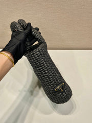 SMALL CROCHET TOTE BAG 24 IN BLACK MIX YELLOW RAFFIA