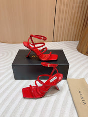 ALAIA THREE-STRAPS HIGH HEEL SANDALS IN CHERRY RED PATENT LAMBSKIN