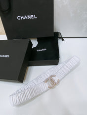 CC ELASTIC BELT 30MM IN WHITE CALFSKIN GOLD HARDWARE WITH RHINSTONES
