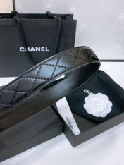 CC BELT 30 MM IN BLACK EMBROIDERED CALFSKIN PEARL LOGO WITH GOLD HARDWARE