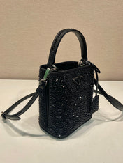 PANIER BUCKET BAG 16 IN BLACK CALFSKIN ATTACHED FULL CRYSTALS