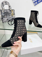 NAUGHTILY-D HEELED ANKLE BOOT IN BLACK CANNAGE MOTIF MESH AND SUEDE 8 CM