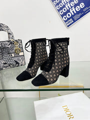 NAUGHTILY-D HEELED ANKLE BOOT IN BLACK CANNAGE MOTIF MESH AND SUEDE 8 CM