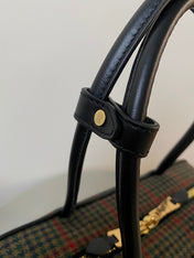 BEAU TOP HANDLE BAG 34 IN LODEN GREEN TARTAN AND BLACK LEATHER TRIM