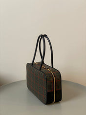 BEAU TOP HANDLE BAG 34 IN LODEN GREEN TARTAN AND BLACK LEATHER TRIM