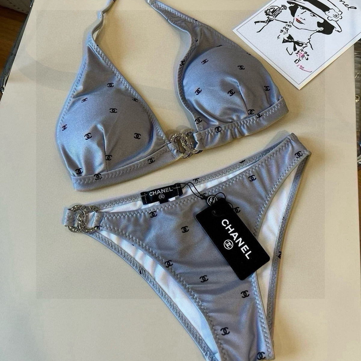 CC BIKINI SWIMSUIT SET IN GREY PRINTED LOGO 629237