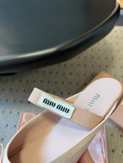 MIUMIU 26S BALLET MULES IN LIGHT PINK SATIN WITH BOW
