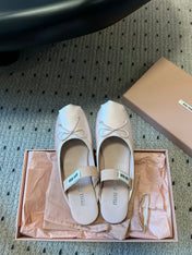 MIUMIU 26S BALLET MULES IN LIGHT PINK SATIN WITH BOW
