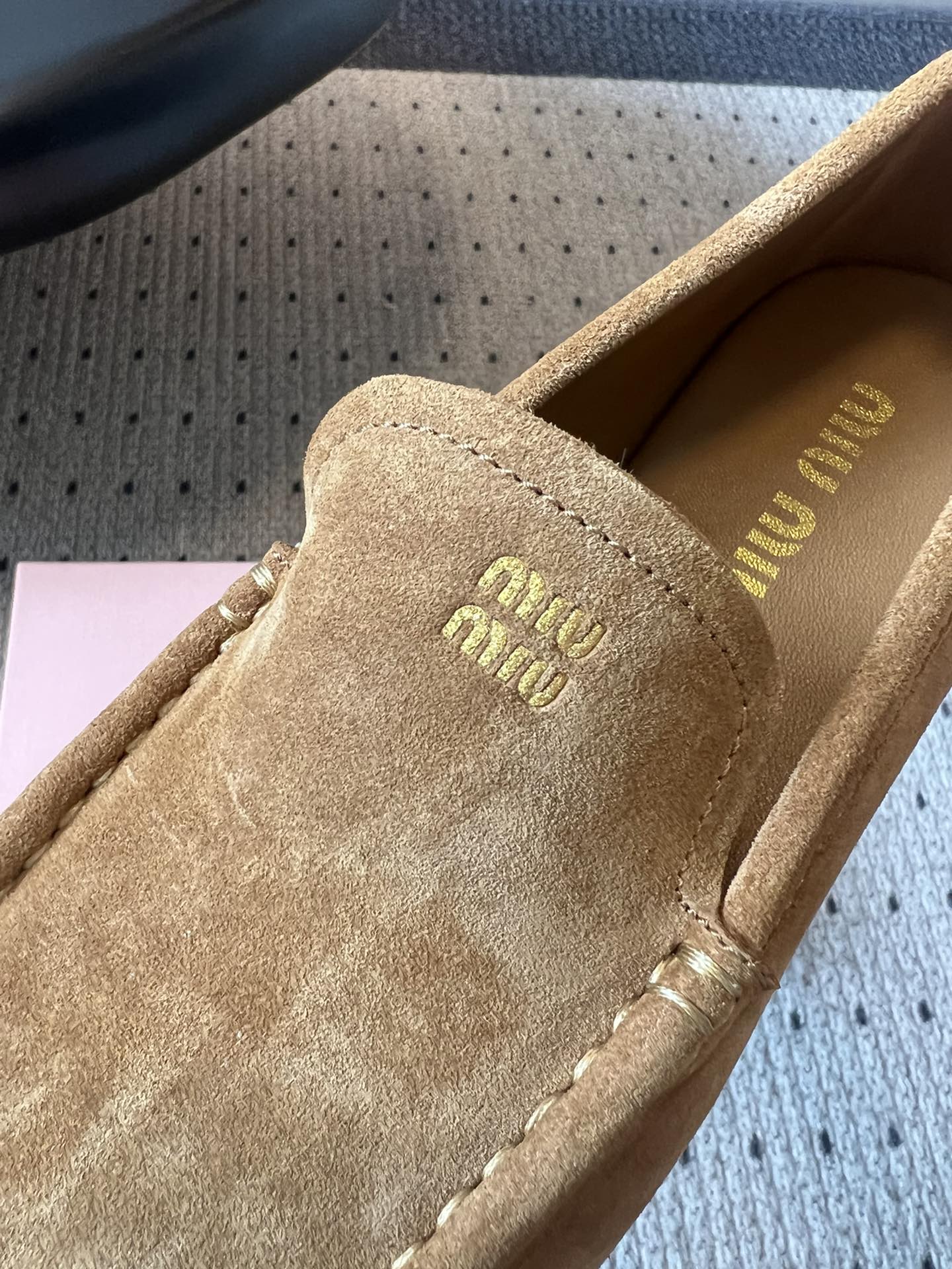 MIUMIU 26S LOAFERS IN TAN BROWN SUEDE