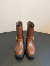 PRADA 25S PLATFORM ANKLE BOOTS IN BROWN CALFSKIN WITH GOLD HARDWARE