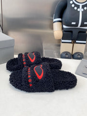 BALENCIAGA 25S FLAT SLIPPERS IN BLACK MIX RED WOOL