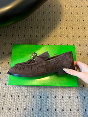 BOTTEGA VENETA 26S LOAFERS IN DARK BROWN SUEDE WITH GOLD HARDWARE