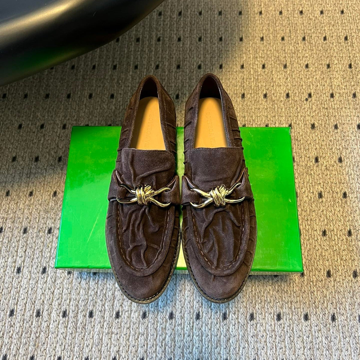 BOTTEGA VENETA 26S LOAFERS IN DARK BROWN SUEDE WITH GOLD HARDWARE