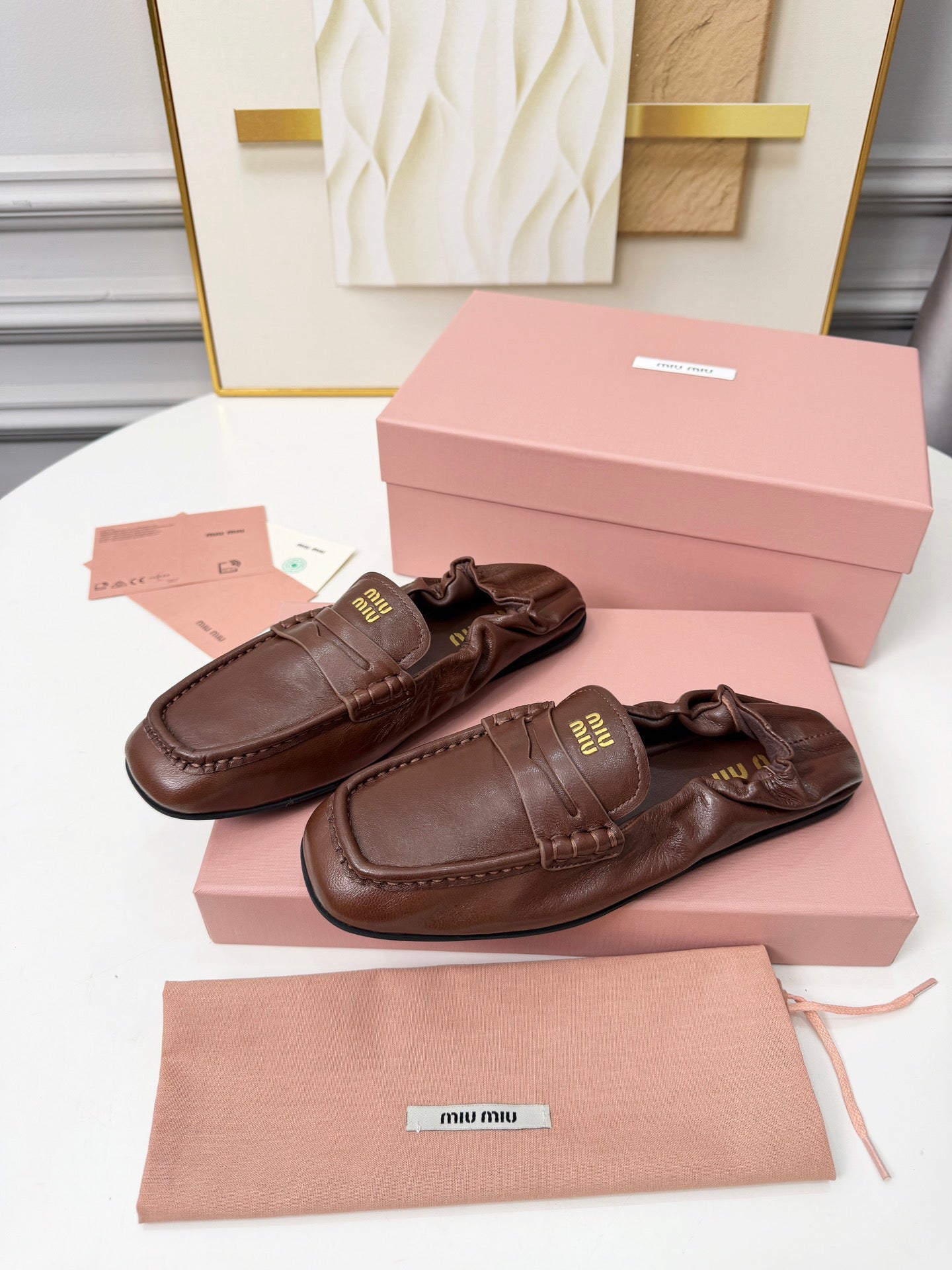 MIUMIU 26S RUCHES LOAFERS IN DARK BROWN LAMBSKIN