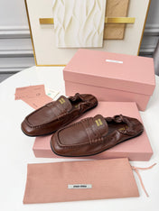 MIUMIU 26S RUCHES LOAFERS IN DARK BROWN LAMBSKIN