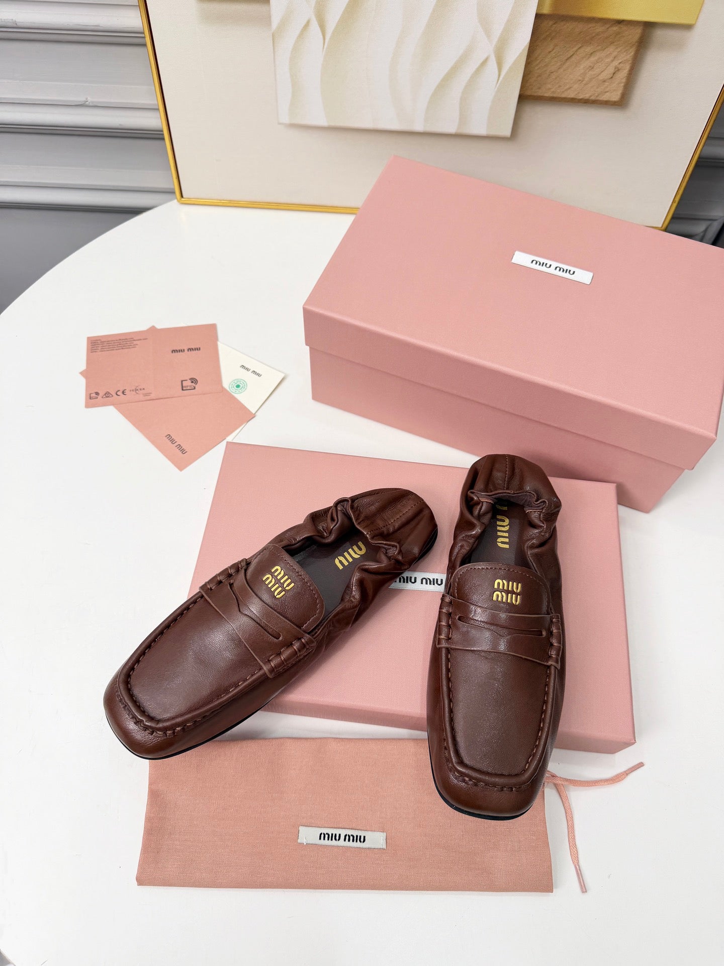 MIUMIU 26S RUCHES LOAFERS IN DARK BROWN LAMBSKIN