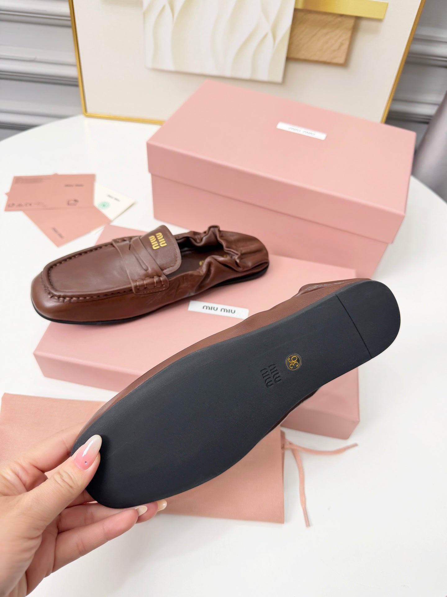 MIUMIU 26S RUCHES LOAFERS IN DARK BROWN LAMBSKIN