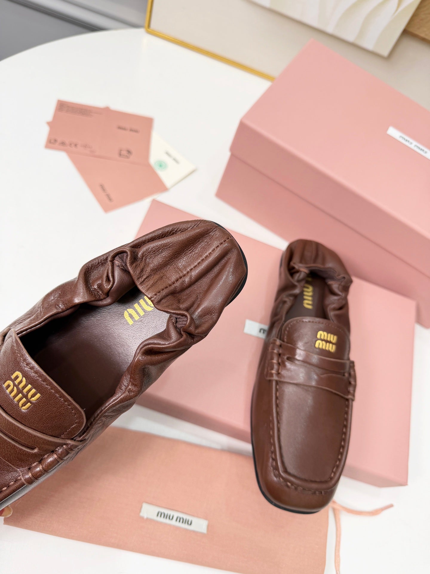 MIUMIU 26S RUCHES LOAFERS IN DARK BROWN LAMBSKIN