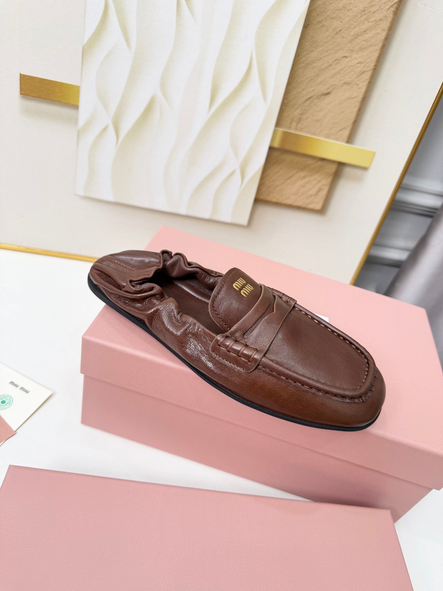 MIUMIU 26S RUCHES LOAFERS IN DARK BROWN LAMBSKIN