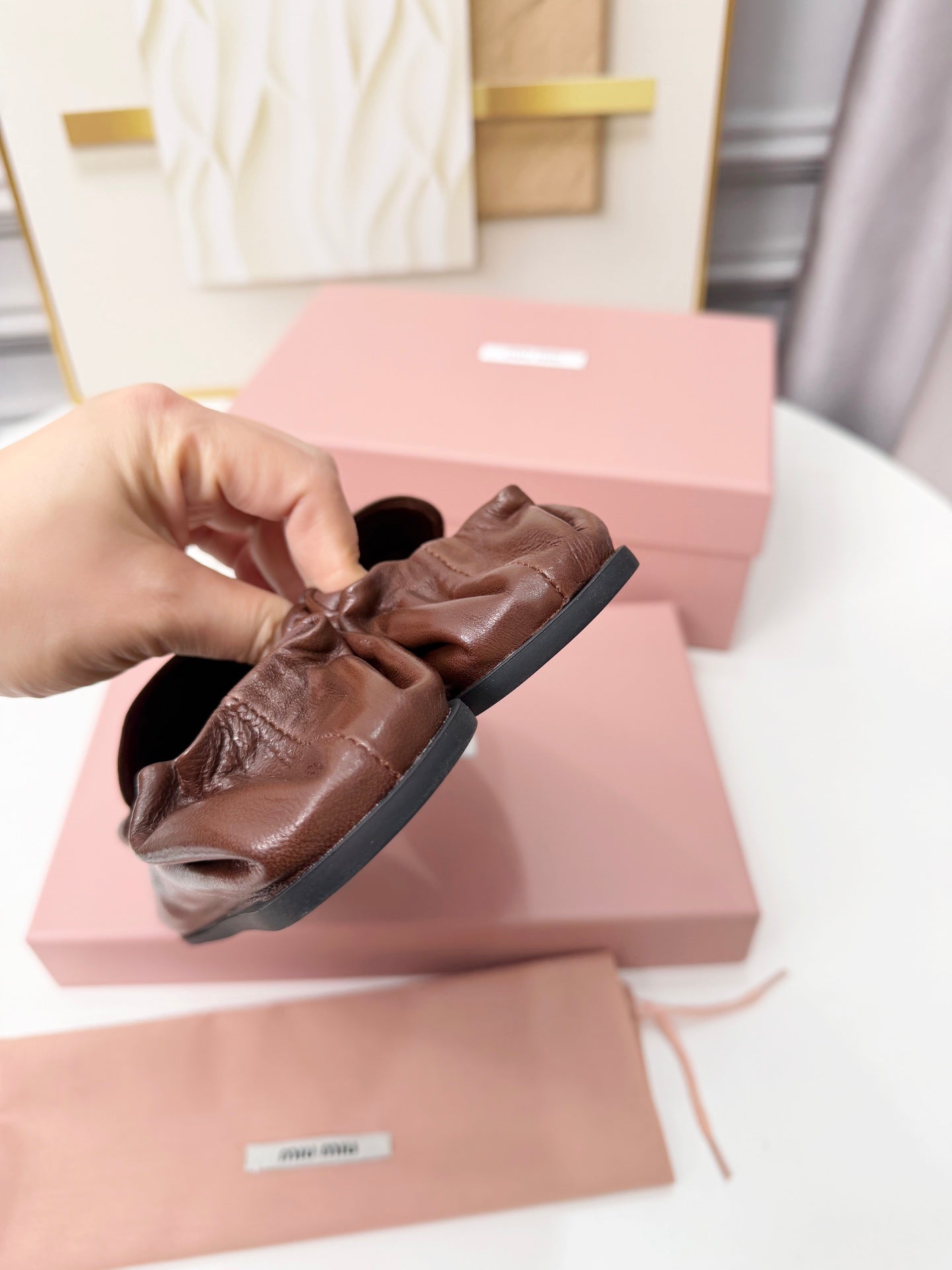 MIUMIU 26S RUCHES LOAFERS IN DARK BROWN LAMBSKIN