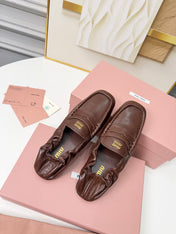 MIUMIU 26S RUCHES LOAFERS IN DARK BROWN LAMBSKIN