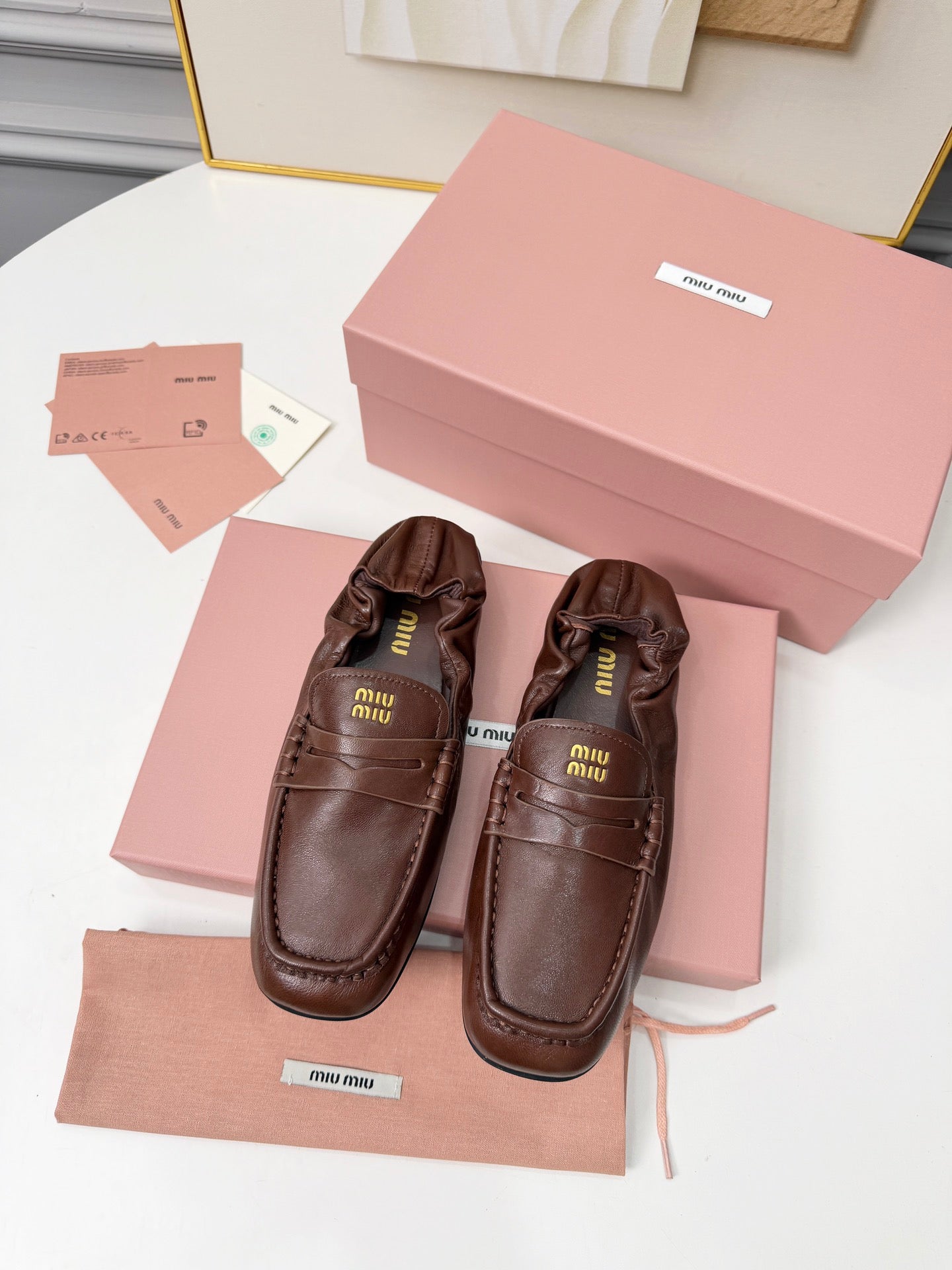 MIUMIU 26S RUCHES LOAFERS IN DARK BROWN LAMBSKIN