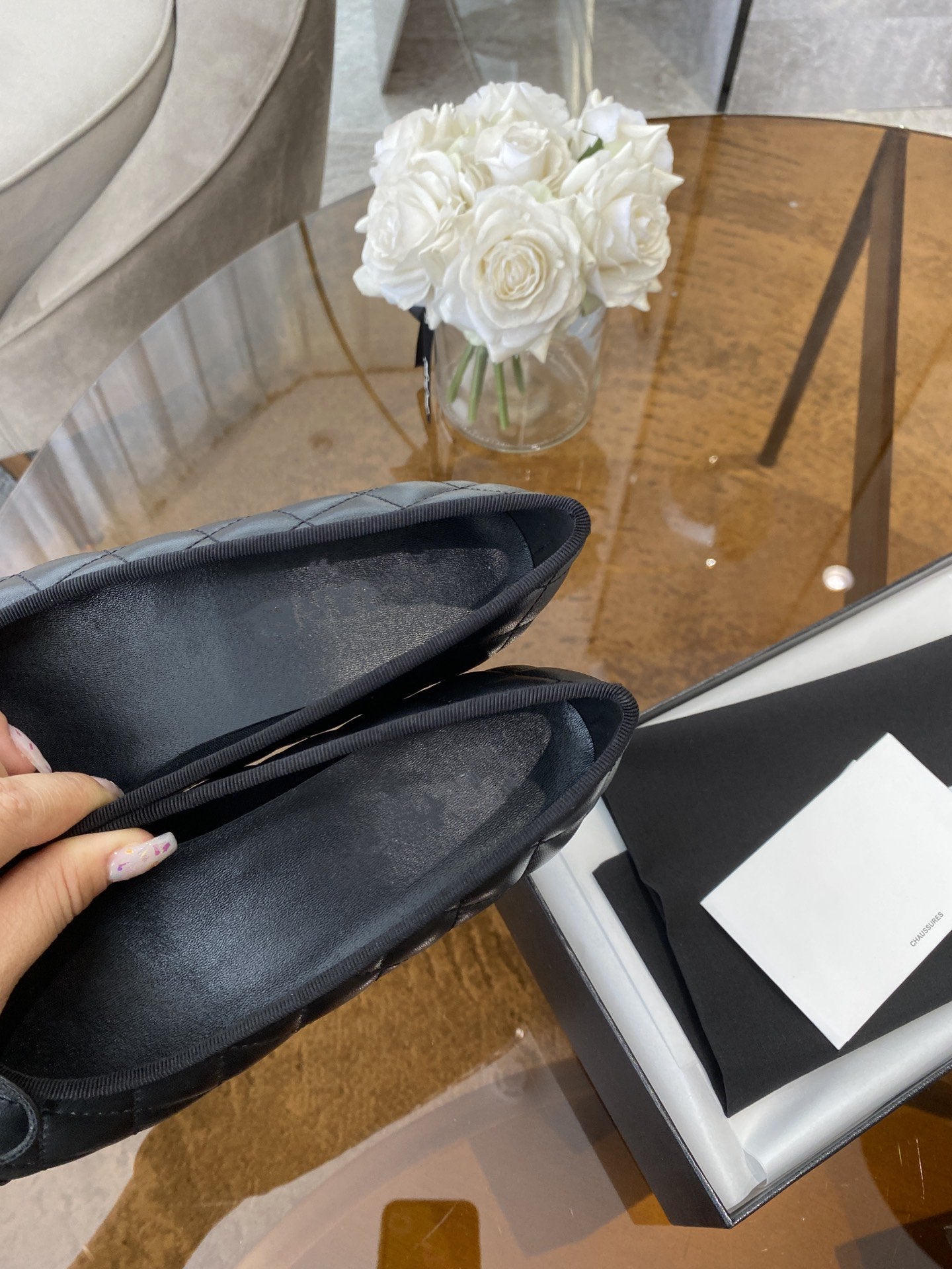 BALLET FLATS ALL BLACK QUILTED LAMBSKIN